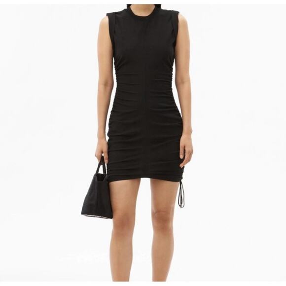 T Alexander Wang Black Crew Neck Ruched Side Drawstring Tie Mini Bodycon Dress